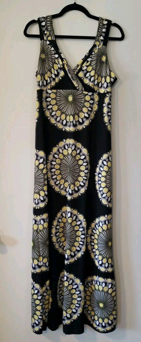 Inc International Concepts Black Yellow Embellished Print Maxi Dress Sz M -